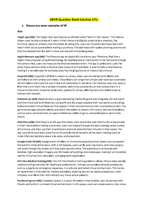 SEM7 - ARVR Important Questions & Key Concepts from Chapters 1-3 - Studocu