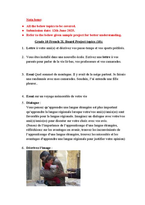 Grade 10 French 2L Board Project Topics Overview - Studocu