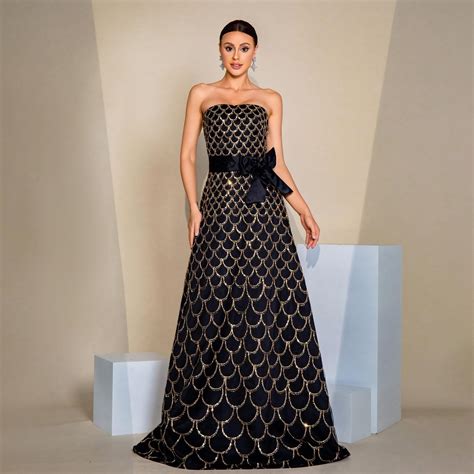 Off-neck Wrapped Chest Nipped-waist Large Swing Sequined Evening Dress ...