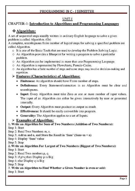 C LANG I SEMESTER Notes on Algorithms and Programming Basics - Studocu
