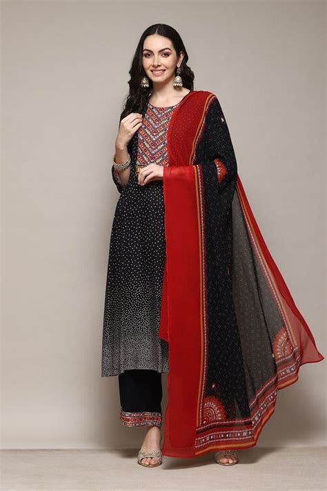Black LIVA Kalidar Kurta Palazzo Suit Set at Biba India