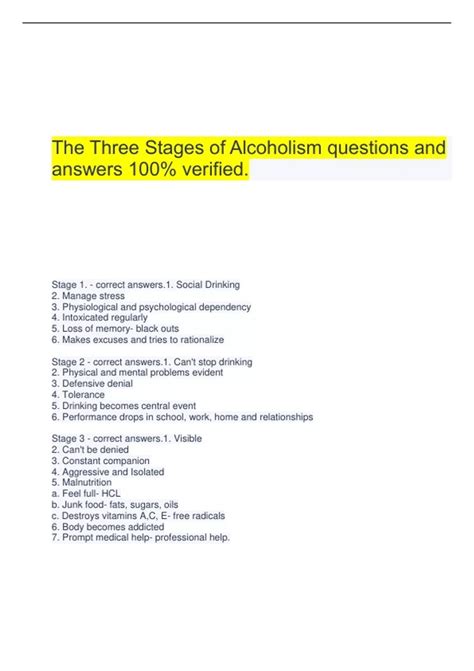 The Three Stages of Alcoholism questions and answers 100% verified ...
