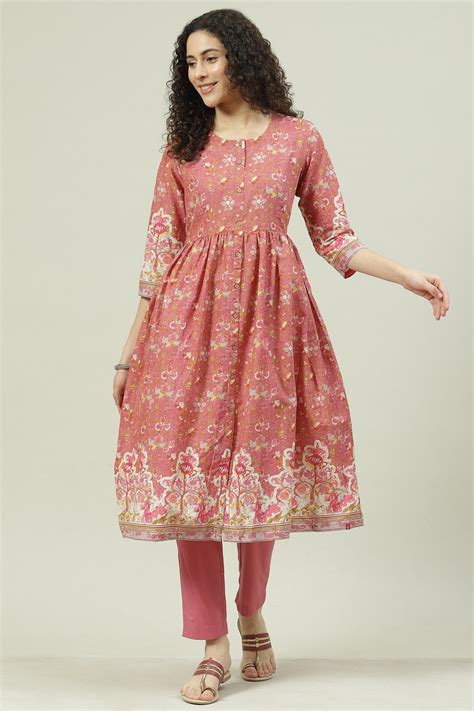 Dusky Pink Printed Cotton Gathered Suit Set