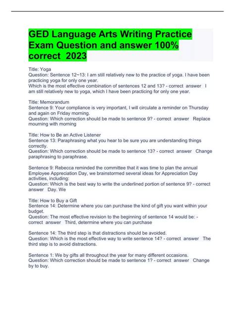 GED Language Arts Writing Practice Exam Question and answer 100% correctly solved 2024 - GED ...