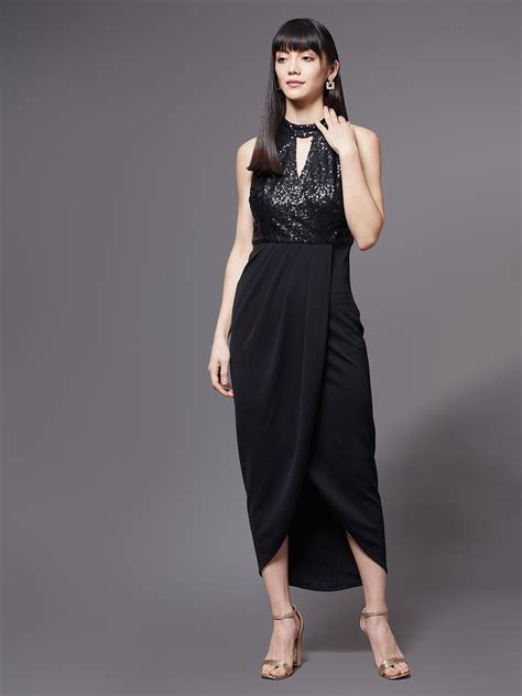 Crease Ease Black Halter Neck Sleeveless Sequined Party Midi Dress for