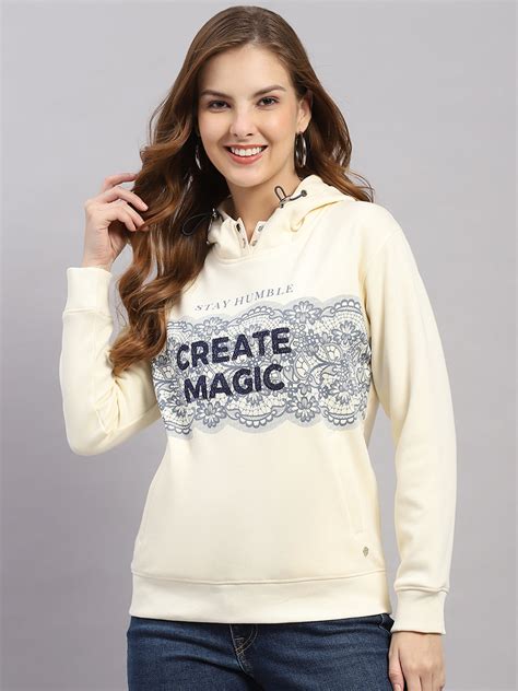 Buy Women Cream Printed Hooded Full Sleeve Sweatshirt Online in India ...