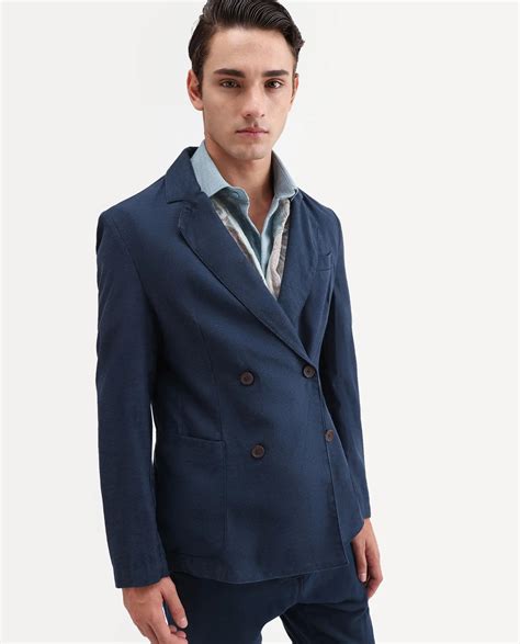 Rare Rabbit Men's Deb Navy Linen Blend Fabric Lapel Neck Tailored Fit