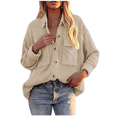 Womens Corduroy Shirts Causal Button Down Shacket Jacket Boyfriend ...