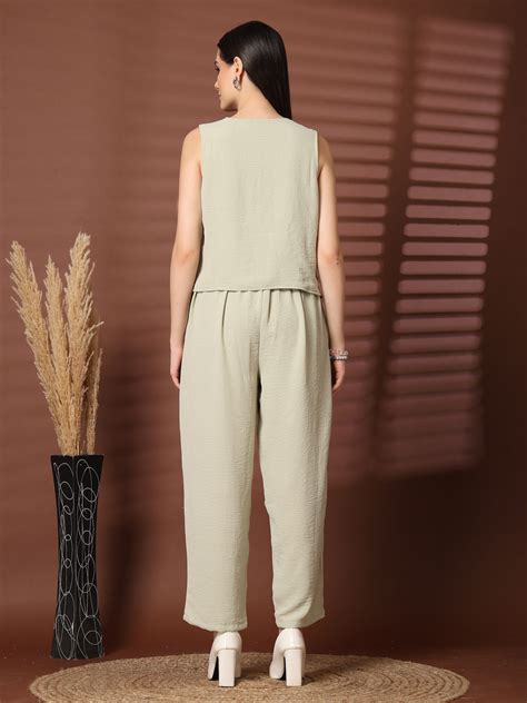 Ecru Solid Top With Trousers Co-Ords Sets – CINK