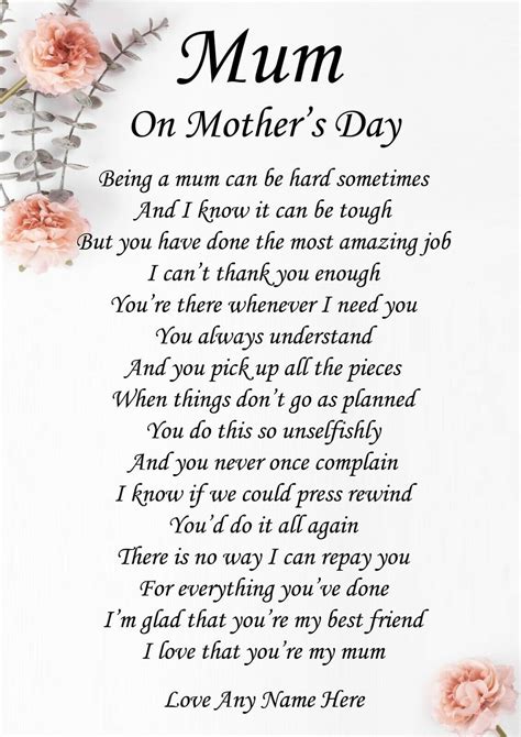 Personalised Mum On Mother's Day Poem Ideal Birthday Laminated Keepsake ...