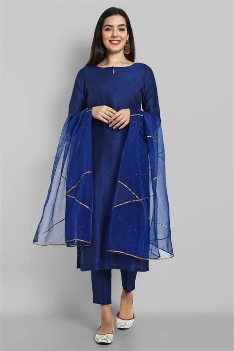 Key Hole Ink Blue Boat Neck Style with Elasticated Pant and Organza Du ...