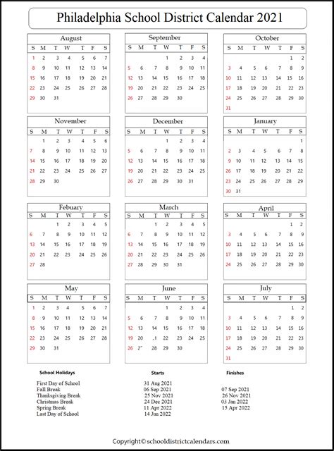 Philadelphia School District Calendar 2021-2022 With Holidays in PDF ...