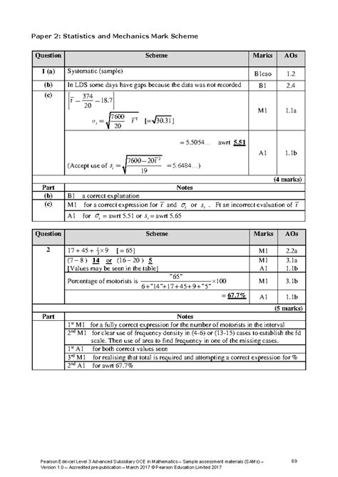 8MA0-02 Statistics and Mechanics - Sample Assessment Mark Scheme - Studocu
