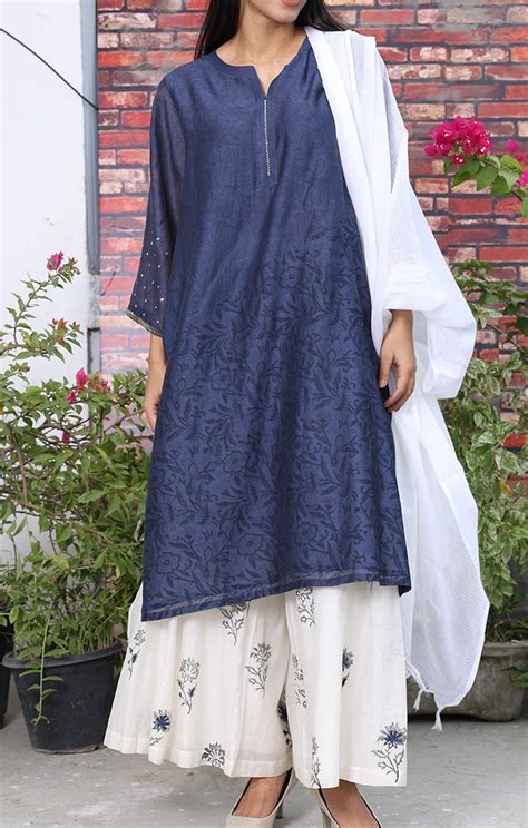 Chanderi Kurta in Cornflour Blue with Handblock Prints – Ihaworld