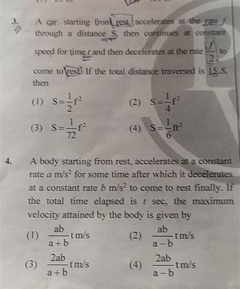 A car. starting frontrest, accelerates at the rate f through a distance S..