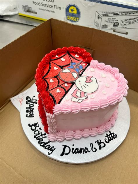 Half and half Heart shape spiderman and hello kitty cake | Hello kitty ...