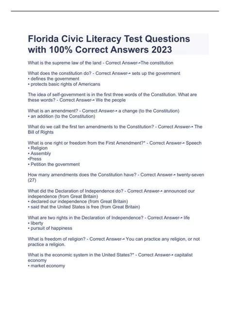 Florida Civic Literacy Test Questions with 100% Correct Answers 2023 ...