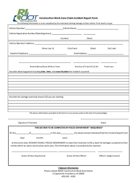 2022-2026 RI RIDOT Construction Work Zone Claim Incident Report Form ...