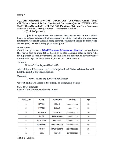 UNIT 5: SQL Join Operators & Functions - RDBMS Notes - Studocu