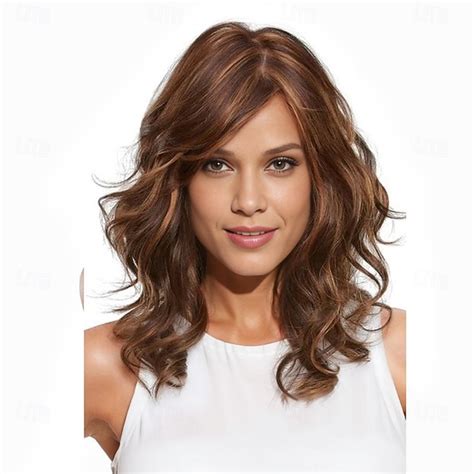 Women’s Medium Brown Highlight Wavy Wig Shoulder Length Natural Looking ...