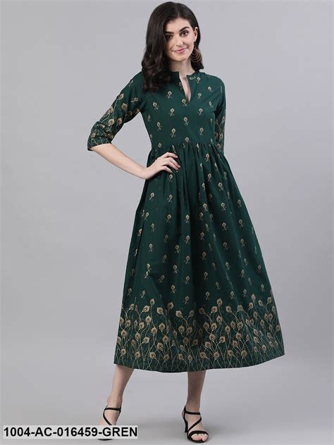 Green Ethnic Motifs Printed Mandarin Collar Cotton Maxi Dress – Trendphoria