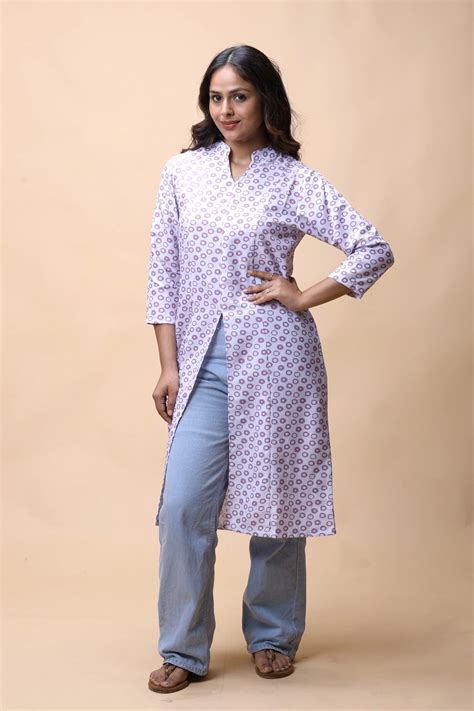 Buy Purple Printed Front Slit Long Kurta For Women online – All There