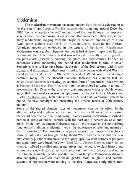 Modernism - Modernism The modernism movement has many credos: Ezra ...