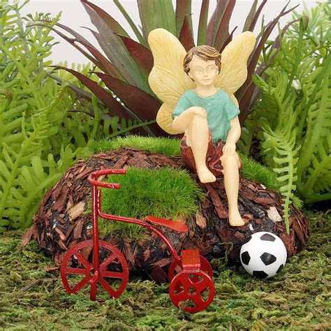Sitting Boy Fairy With Trike And Football, Fairy Garden Accessories