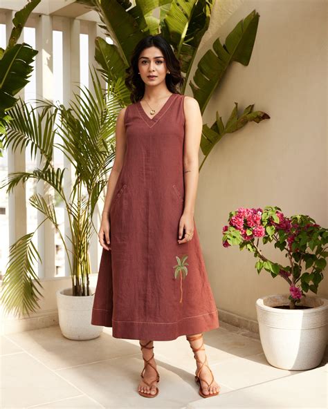 Buy Brown Pure Linen Dress Online in India – Ambraee