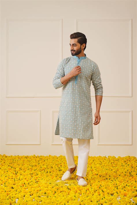 Men's Blue Embroidered Kurta with Pyjama. – Jompers