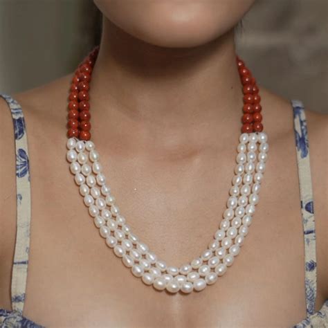 Azahar- combination of natural corals and drop shape pearl necklace ...