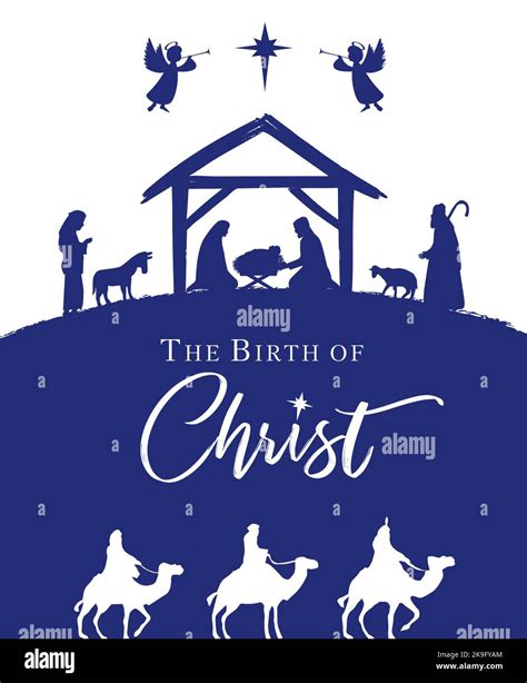 The Birth of Christ, Christmas nativity scene with manger and lettering ...