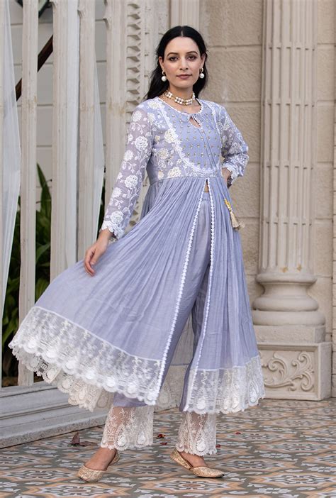 Lavender Thread And Pearl Yoke Kurta Set