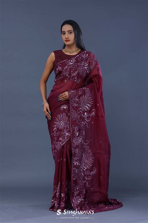 Burgundy Organza Saree With Open Designer Border | Singhania's