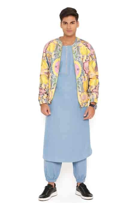 Buy Blue Denim Printed Enchanted Bomber Jacket Kurta Set For Men by PS ...