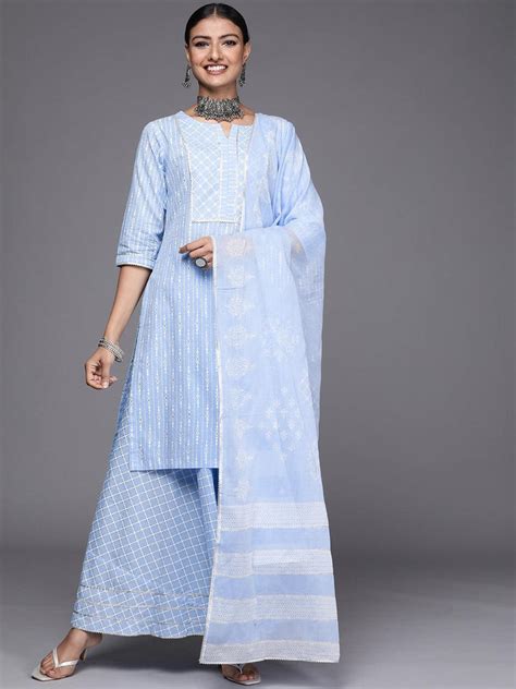 Buy Blue Yoke Design Cotton Straight Kurta With Skirt & Dupatta Online ...