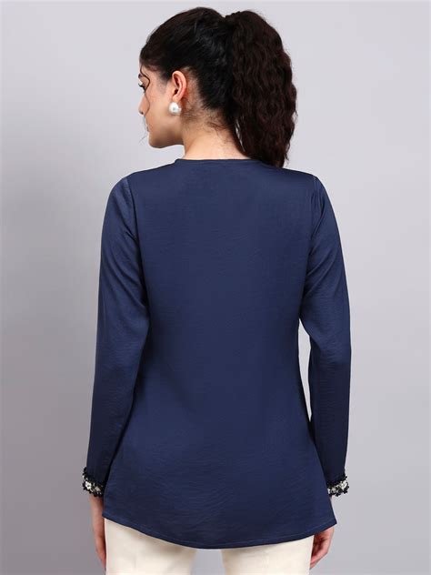 Women Blue V-Neck Top With Embellished Neckline And Cuff Detailing