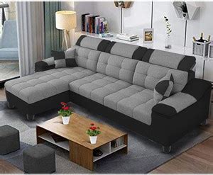 Braxton 4 Seater L Shape Sofa Set for Living Room (Grey & Black Fabric ...