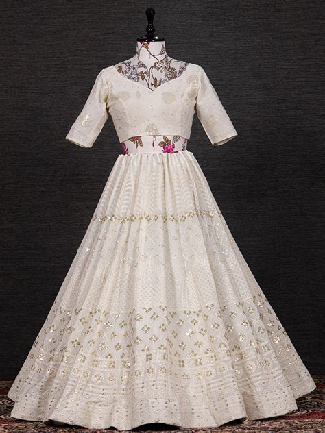 White Color Sequins And Thread Embroidery Work Georgette - S