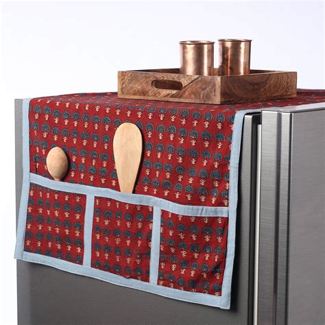 Red Ajrakh Block Printed Cotton Fridge Top Cover with Multiple Pockets ...