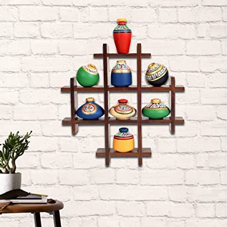 Unravel India 8 Terracotta Warli Handpainted Pots With Sheesham Wooden ...
