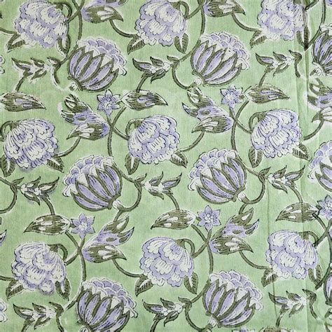 ( PRE-CUT 1 METER ) Pure Cotton Jaipuri Green With Grey And White Lotu ...