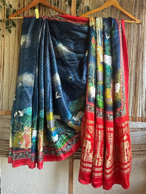 ROYAL BLUE AND RED PICHWAI MODAL SILK PATOLA PRINT SARI WITH ZARI BORD ...