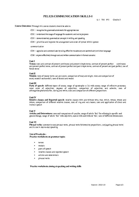 PEL121 Syllabus U - Session 2022 - 23 Page: 1 / PEL121:COMMUNICATION ...