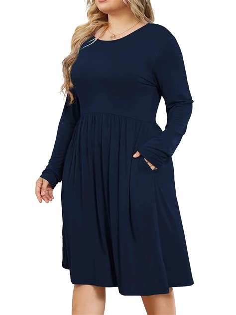 Mengpipi Womens's Plus Size Casual Long Sleeves Dress Crew Neck Loose ...