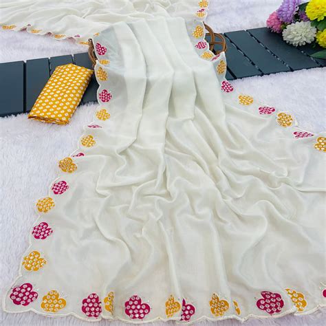 Off White Premium Vichitra Silk Saree Adorned with Intricate Embroider