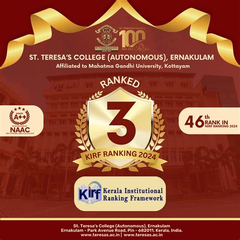 Kerala Institutional Ranking Framework(KIRF)-3rd Rank from among 216 colleges - St.Teresa’s ...