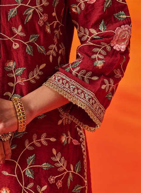 Vaara Kalini Maroon Embroidered Suit Set with Dupatta – Lakshita