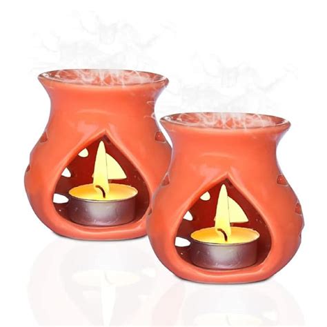 Pure Source India Ceramic Clay Oil Burner Aroma Diffuser (Orange) -Set ...