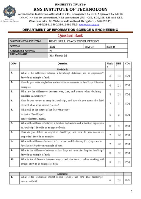 BIS601 Question Bank: Full Stack Development Exam Queries - Studocu